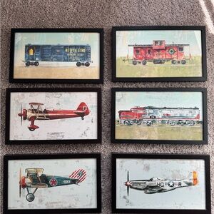 Restoration Hardware framed artwork - vintage airplanes and trains
